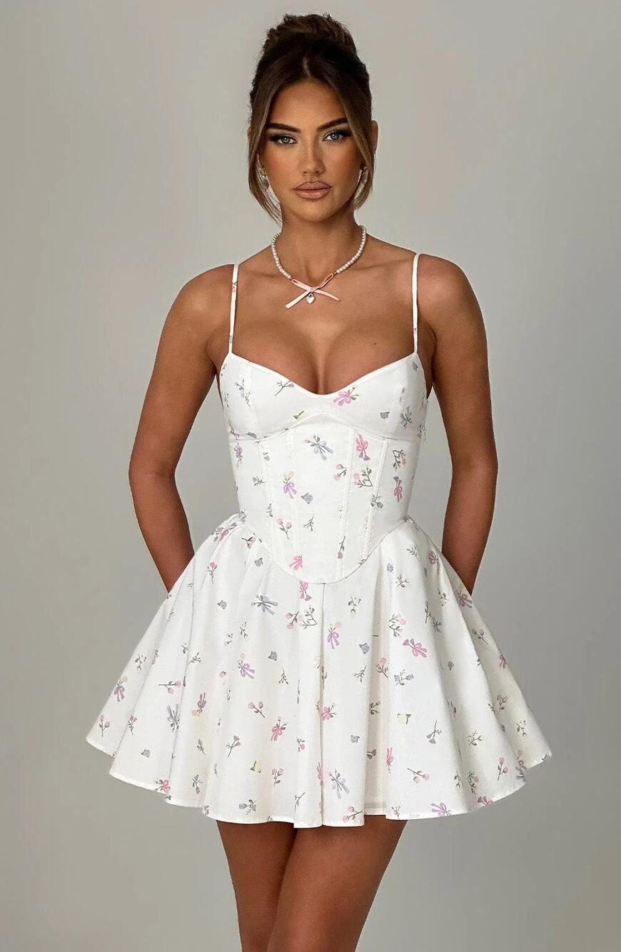 NWT Babyboo Analeigh White Multi Floral Corset Fit & Flare Mini Dress Size Small
